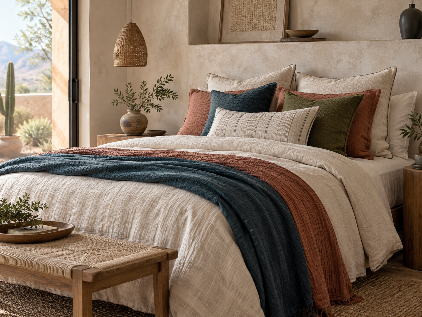 Dormitorio contemporáneo con ropa de cama y cojines textiles