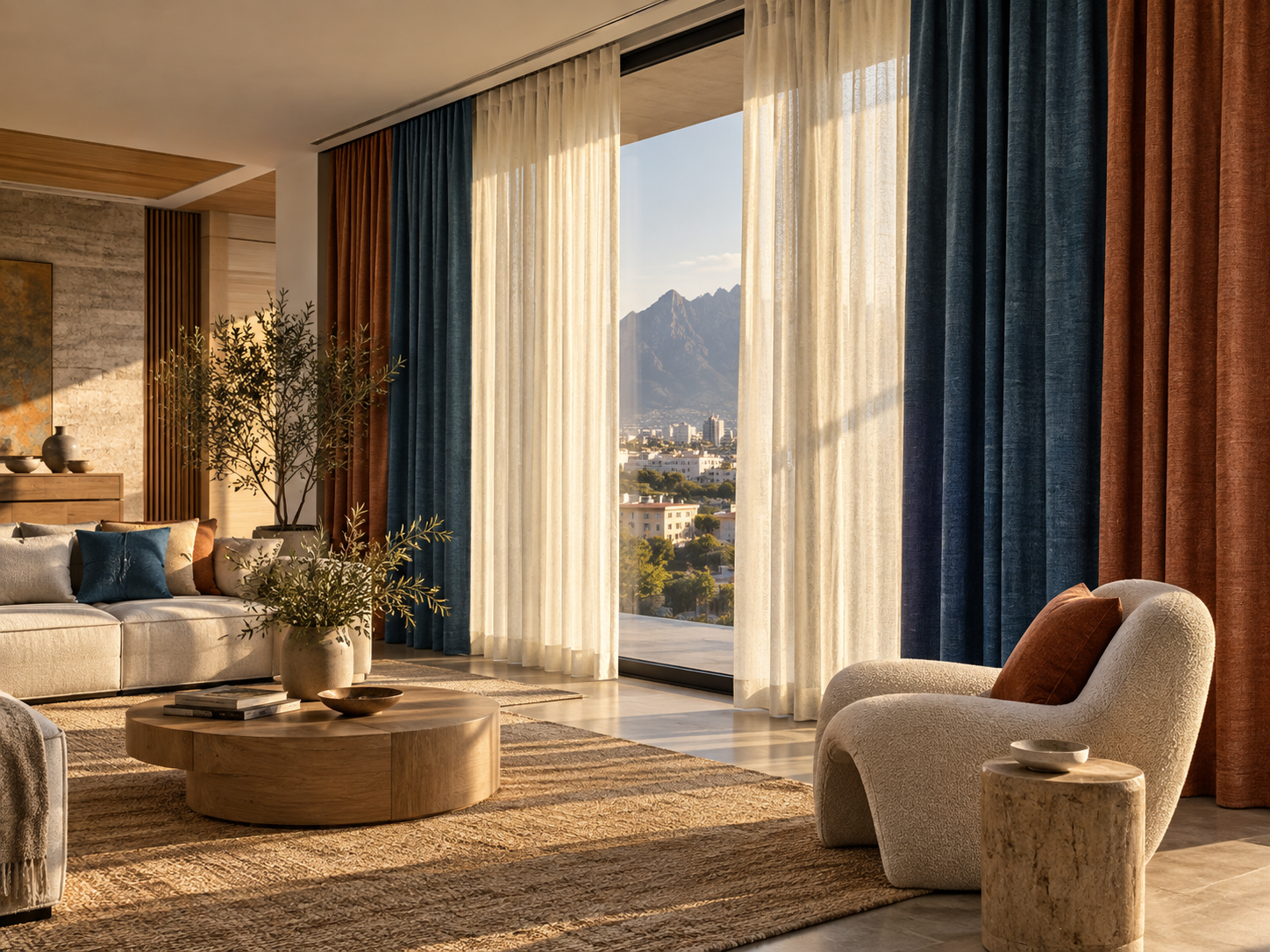 Sala contemporánea con cortinas textiles en capas