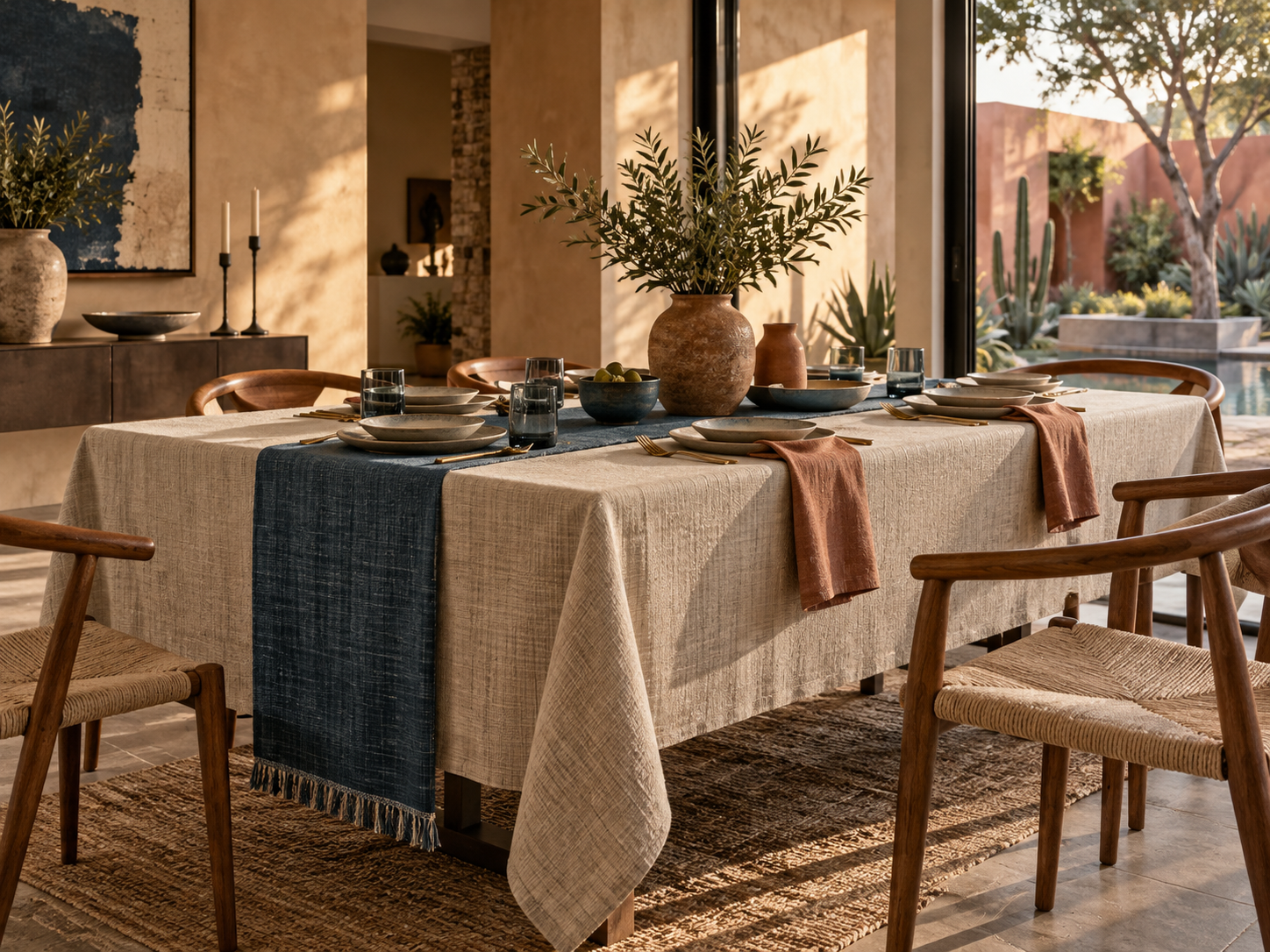 Comedor moderno con mantel textil
