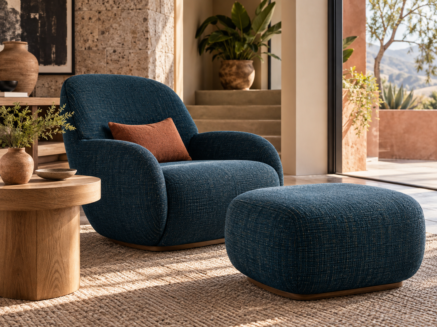 Sillón moderno tapizado en tela azul